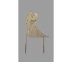 Akrylový zrkadlový zápich svadobný pár s kyticou zlatý