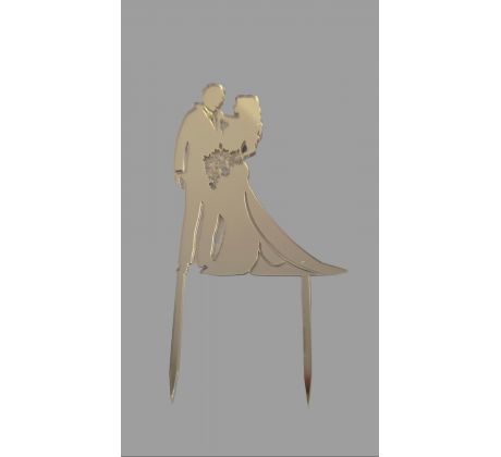 Akrylový zrkadlový zápich svadobný pár s kyticou zlatý