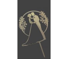 Akrylový zrkadlový zápich svadobný pár v kruhu zlatý