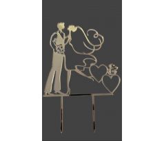 Akrylový zrkadlový zápich svadobný pár so srdiečkami zlatý