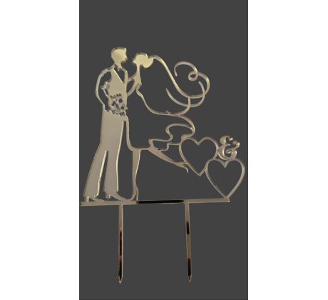 Akrylový zrkadlový zápich svadobný pár so srdiečkami zlatý